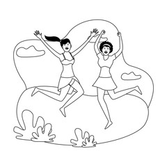 Young friends and summer cartoons in black and white