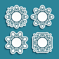 Set of cutout paper labels, vintage round frames with ornamental border patterns, decorative stickers or badges templates with place for text