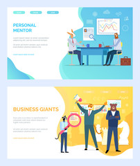 Personal mentor vector, deer giving advice to student, business giants tiger with megaphone hipster animal with magnifying glass, sloth on meeting. Website or webpage template, landing page flat style