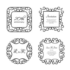 Set of vintage frames with swirly border pattern, ornamental labels on white, elegant decoration for certificate or wedding invitation design with place for text