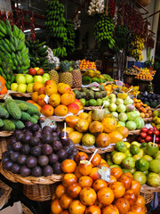 Various colorful tropical fruits in Madeira marketplace
