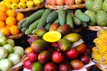Various tropical fruits in  Funchal market in Madeira