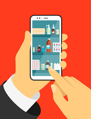 Online mobile medical. Hand holding smartphone with pharmacy app. Medicine pills capsules bottles vitamins and tablets on interior store shelves in device screen. Flat vector illustration