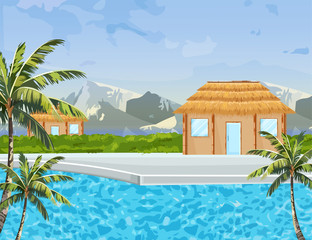 Seaside houses Vector summer background. Tropic paradise blue water and mountains