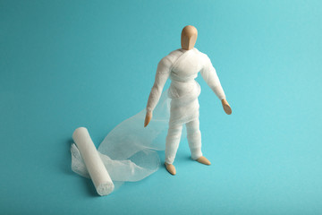 Figure of man with wounds and injuries, gauze bandage. First aid. Emergency fracture, accident.
