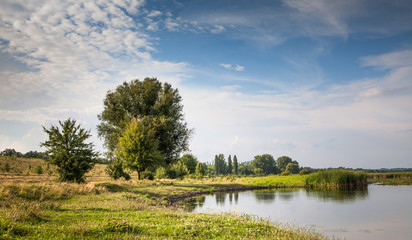 River nature landscape, summer sunny day and cloudy sky background.