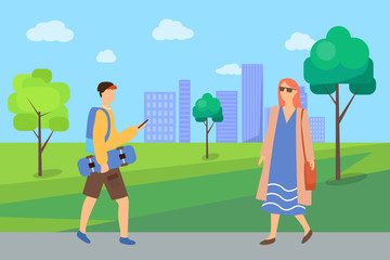 Obraz na płótnie Canvas Pedestrians man and woman going in urban park, portrait view of people in casual clothes, cityscape of buildings and trees, walking outdoor vector
