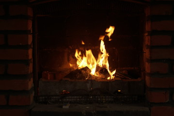the fire burns in the fireplace