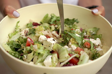 Diced feta cheese with fresh vegetable salad 
