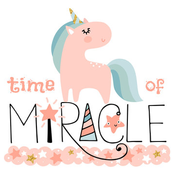 Cute unicorn vector illustration card. Lettering phrase with glitter stars