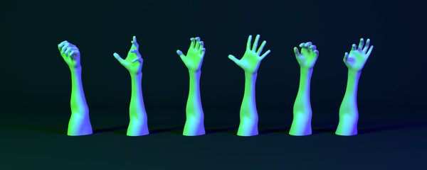 lot of hands in neon light on a dark background, 3d illustration
