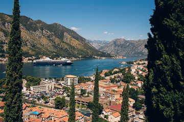 Montenegro Adriatic Sea and mountains. Picturesque panorama of the city of Kotor on a summer day....