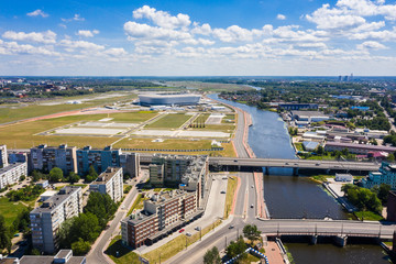 Aerial view of the bridges on the background of the stadium, Kaliningrad, Russia