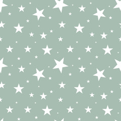 Seamless pattern white stars of different sizes scattered in random order on gray background. Nordic scandinavian retro style. Design template for gift paper wallpaper kids textile