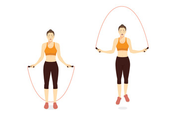 Woman doing Exercise with Jump skipping Rope in 2 step. Illustration about workout with lightweight equipment. - obrazy, fototapety, plakaty