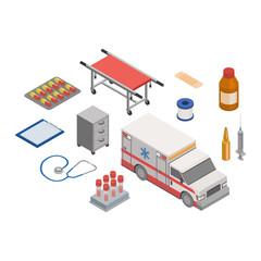 Ambulance vector doctor character ambulance car and pharmacy medicine drugs pills illustration medicatio first-aid isometric set of medical treatment healthcare signs isolated on white background
