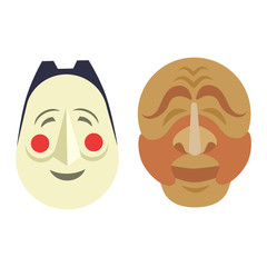 Comedy and tragedy vector theatrical Korean people masks comedy symbol. Vector theater humor performance face. Tragedy drama emotion masquerade carnival costume expression.