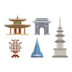 Korea vector korean culture traditional symbols buildings temple landmark traveling in South Korea illustration asian tourism set of oriental food in seoul city isolated on white background