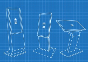 Blueprint of Set of Promotional Interactive Information Kiosk, Advertising Display, Terminal Stand, Touch Screen Display. Mock Up Template.