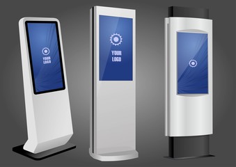 Three Promotional Interactive Information Kiosk, Advertising Display, Terminal Stand, Touch Screen Display. Mock Up Template.