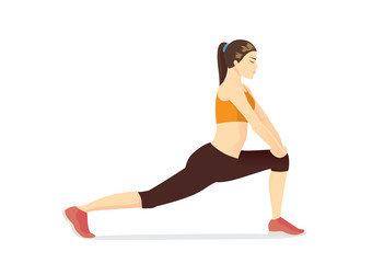 Woman doing exercise with Low Lunge Pose. Illustration about hip Flexor Stretching.