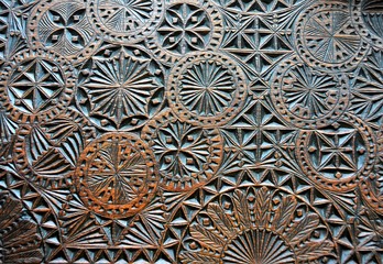 wooden walls carved at Octavian Goga Memorial House in Ciucea County Cluj - Romania 08.Jun.2019 