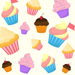 Vector cartoon style seamless pattern with sweet cupcake. Yummy dessert muffins decorated with cherry, pink icing and small red flags on beige background.