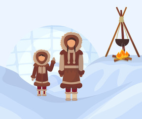 Eskimos in national clothes. Woman and child in traditional north pole costumes. Alaska people with cauldron on fire place and ice and snow background. Vector flat illustration. - obrazy, fototapety, plakaty