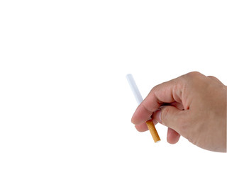Hand holding the cigarette on the white background with the clipping path