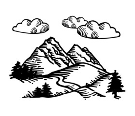 mountain landscape with forest, rocks and sky with clouds, black and white line drawing