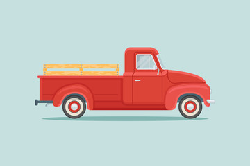Red retro pickup truck isolated on teal background. Flat style vector illustration.