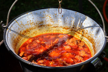 Traditional hungarian food, pork stew in cauldron