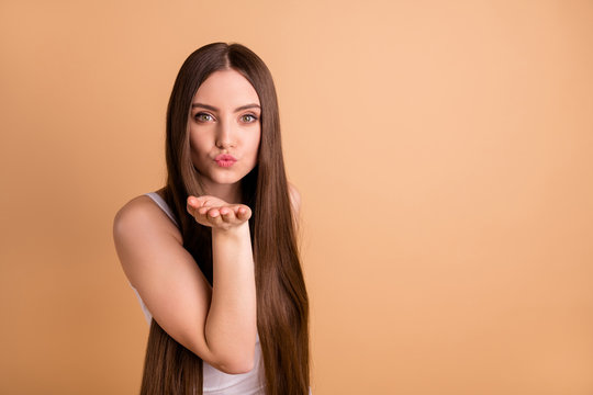 Portrait of cute attractive lovely person people have date send air kisses dressed white light-colored clothing outfit top singlet isolated beige pastel background