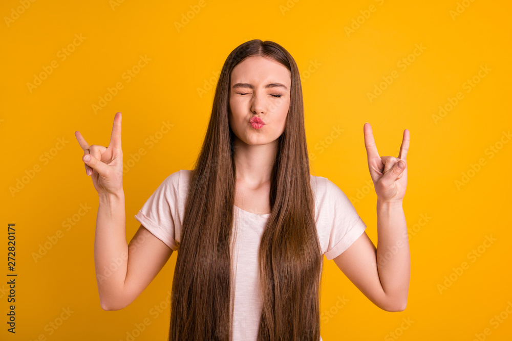 Sticker Portrait of nice attractive cute lovely youth millennial people person lips pouted, plump dressed fashionable clothing isolated yellow background