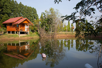 Fototapeta na wymiar Wooden hut in garden with pond of resort and homestay for thai people and foreigner travelers rent and rest in morning time in Chaiyaphum, Thailand
