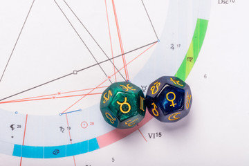 Astrology Dice with zodiac symbol of Taurus Apr 20 - May 20 and its ruling planet Venus on Natal Chart Background