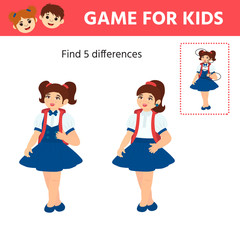 Obraz na płótnie Canvas Educational game for children. Find differences. Cartoon vector illustration of cute little schoolgirl. Game tasks for attention. Kids activity sheet