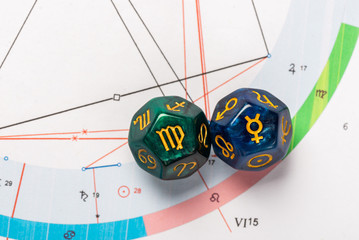 Astrology Dice with zodiac symbol of Virgo Aug 23 - Sep 22 and its ruling planet Mercury on Natal...