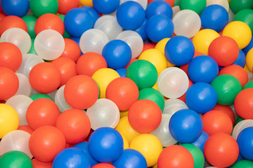 Balls for a dry pool background. Background of many colored plastic balls. Baby Delight Bright colored balls. Plastic balls