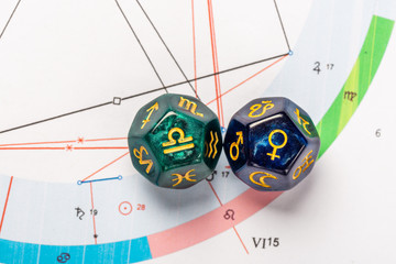 Astrology Dice with zodiac symbol of Libra Sep 23 - Oct 22 and its ruling planet Venus on Natal Chart Background © manuta
