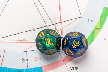 Astrology Dice with zodiac symbol of Scorpio Oct 23 - Nov 21 and its ruling planet Pluto on Natal...