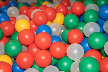 Balls for a dry pool background. Background of many colored plastic balls. Baby Delight Bright colored balls. Plastic balls