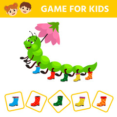 Visual puzzle with aterpillar a centipede in miscellaneous rubber boots. Match the pairs. Find the gumboot that has no pair. Children funny riddle entertainment.