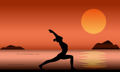 ilhouette of woman yoga activity at the beach in sunset time