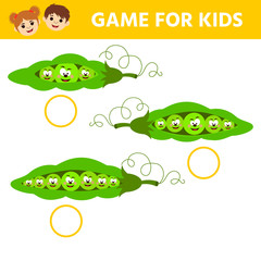 Matching game, educational game for children. Match the halves.  Count the number of Peas. Children funny riddle entertainment.