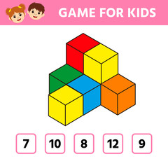 Obraz premium Education logic game for preschool kids. Kids activity sheet. Count the number of cubes. Children funny riddle entertainment. Vector illustration