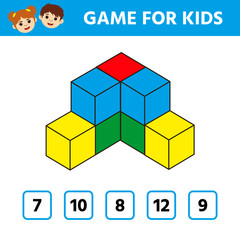 Obraz premium Education logic game for preschool kids. Kids activity sheet. Count the number of cubes. Children funny riddle entertainment. Vector illustration