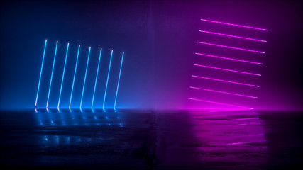 Futuristic Sci-Fi Abstract Blue And Purple Neon Light Shapes On Black Background And Reflective Concrete With Empty Space For Text 3D