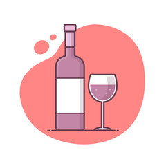 bottle and glass of red wine icon vector illustration in monoline / line art style