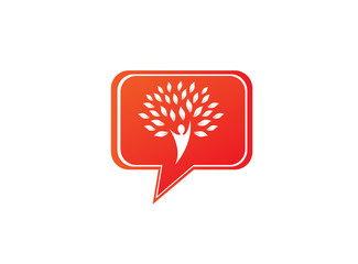 Tree trunk with head and green leaves logo design illustration in chat icon